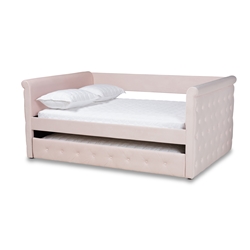 Baxton Studio Amaya Modern and Contemporary Light Pink Velvet Fabric Upholstered Queen Size Daybed with Trundle